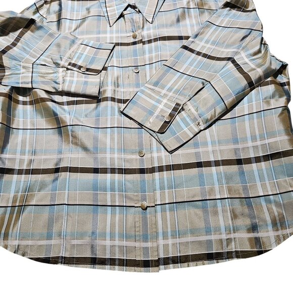 Carlisle Womens Plaid Button-Up Shirt 3/4 Sleeves Size 18 100% Silk Beige & Blue - Picture 6 of 11